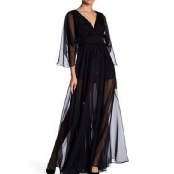 Lotus Threads Black Chiffon Maxi Overlay Lace Romper Gown - Picture 2 of 5